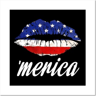 Kiss Lips Merica Funny Love 4th of July American Flag Posters and Art